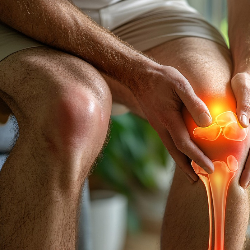 illustration of knee pain and someone sitting holding their knee